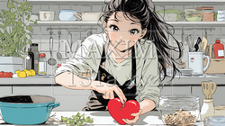 バレンタインプレゼント用のチョコレートを一生懸命作っている若い女性 | 7904800-14858