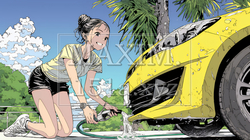 晴れた日に洗車をする若い女性｜青空と水しぶきの爽やかなライフスタイルシーン | 7904800-17725
