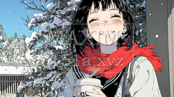 寒い冬、温かい飲み物を手にして、ふっと幸せそうに微笑む若い女性 | 7913374-15293