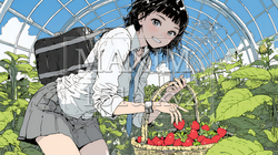 いちご狩りをしている若い女性
