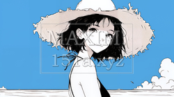 一人旅の若い女性と夏のビーチの風景（シンプルな色使い）