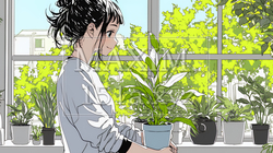 観葉植物の世話をする若い女性 | 7934092-16042