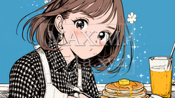 早朝のダイナー（喫茶店）でパンケーキ（モーニングセット）を食べる若い女性｜7863432-15623