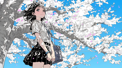 満開の桜の木の下を歩く制服姿の女子高生 | 7941065-7330