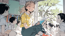 児童と若い女性の先生