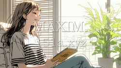のんびり・ゆったり：窓辺でリラックスして本を読んでいる若い女性