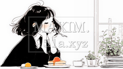 早朝のダイナー（喫茶店）でパンケーキ（モーニングセット）を食べる若い女性（シンプルな色使い）｜7934624-15615