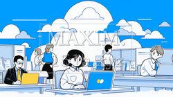 ITビジネスとクラウド技術のコンセプト｜ノートPCで働くチームとデータネットワークのイメージ｜7992523-9512
