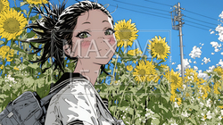 夏の晴天の日、ひまわりの畑を散策している黒髪の若い女性｜8003100-8758