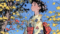 紅葉に包まれた中、着物を纏った若い女性が佇んでいる | 8004892-6169