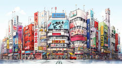 昼の秋葉原のビルの街並みの水彩画 | 8019350-19383