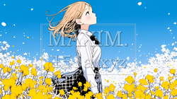 春風の中、菜の花畑にいる制服姿の女子高生 | 8021028-15359