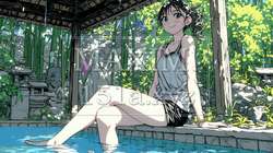 足湯に浸かっている若い女性