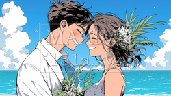 海辺で結婚式を挙げている若い男女