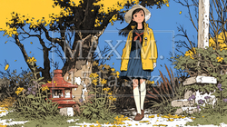 紅葉の小径を歩く若い女性 | 8034421-5848