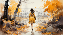 若い女性がいる秋の公園：木々が色づいている水彩画 | 803532-18675