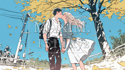 秋の紅葉の下でキスをしている若い恋人たち｜8064236-10653