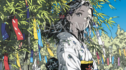 七夕飾りと和服を着た若い女性｜