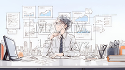 マーケティング・トレーディングデータなどの計量分析を行っている男性（シンプルな色使い）