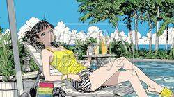 プールサイドのデッキチェアでくつろぐ若い女性｜夏のリゾートとリラックスライフスタイルイメージ | 807146-17595
