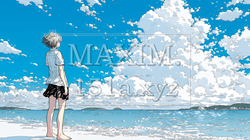 夏の海と入道雲と若い女性 | 8081689-10828