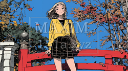 秋の景色：若い女性と紅葉と山道に続く朱色の太鼓橋の欄干
