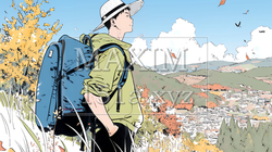 秋の野山をハイキングしている若い男性