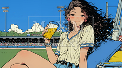 野球などの屋外スポーツを観戦しながら、ビールを楽しむ若い女性。 | 809486-9544