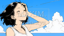 一人旅の若い女性と夏のビーチの風景（シンプルな色使い）