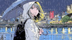 雨の中を歩く女性と都会のランドスケープ｜8191652-10198