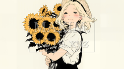 ひまわりと女性（シンプルな色使い）｜8235437-4304