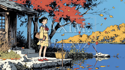 水辺の紅葉の小径を散策している若い女性 | 8116673-5956
