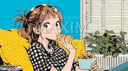 ポテトチップスをつまみながら、ひとりでビデオを観る若い女性 | 8122534-15873