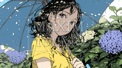 アジサイと梅雨の長雨と若い女性｜91656-10197