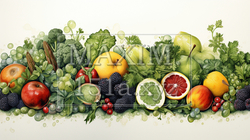 色とりどりの野菜と果物の背景画像：水彩画