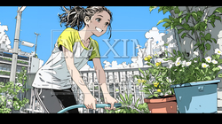 プランターの花に水やりをする若い女性｜ベランダガーデニングと自然を楽しむ爽やかな暮らしシーン | 8144900-17734