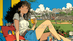 野球などの屋外スポーツを観戦しながら、ビールを楽しむ若い女性。