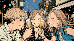 野外の飲み会で乾杯する若者たち