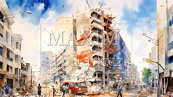 都市を直撃する地震：都市直下型地震の水彩画 | 8157679-18399