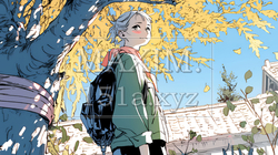 街の木々の紅葉と若い女性
