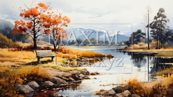 木々の紅葉が水面に映る美しい水辺の風景：水彩画 | 8172422-18688