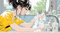 洗面所で朝の洗顔をする女性 | 8175069-16877
