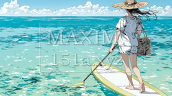 海でSUP（サップ）を楽しむ若い女性（ライフジャケットとリーシュコードの装着は必須だよ）｜爽やかなマリンスポーツ・夏のレジャーイラスト | 8179404-20476