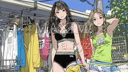 水着に着替え中の若い女性