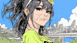若い女性と都会のランドスケープ