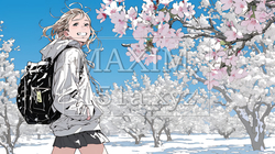 満開の桜の木の下を歩く若い女性