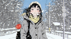 雪の積もる田舎道を歩いている若い女性 | 8205982-13100