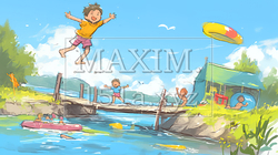 小学生の夏の思い出：水辺で遊んだ（クレヨン＋水彩画風）