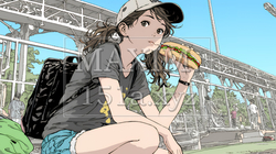 野球などの屋外スポーツを観戦しながら、ホットドッグを頬張る若い女性。 | 8227681-9561