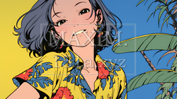沖縄のかりゆしファッションを着て笑顔いっぱいの若い女性｜8267973-4734